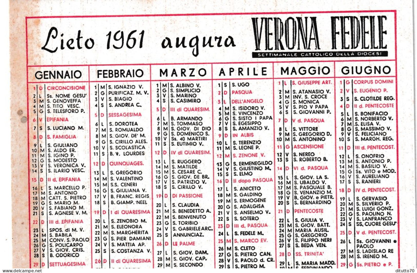 Calendarietto - Verona Fedele - Settimanale Cattolico Della Diocesi - Anno 1961 - Kleinformat : 1961-70