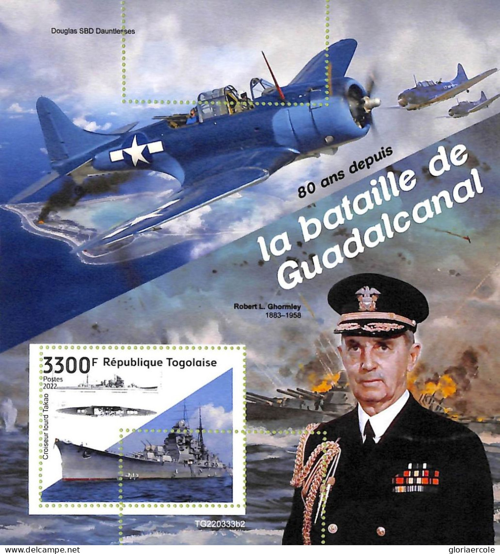 A9722 - TOGO  - ERROR MISPERF Stamp Sheet - 2022 Battle Of Guadalcanal   WAR - Militaria