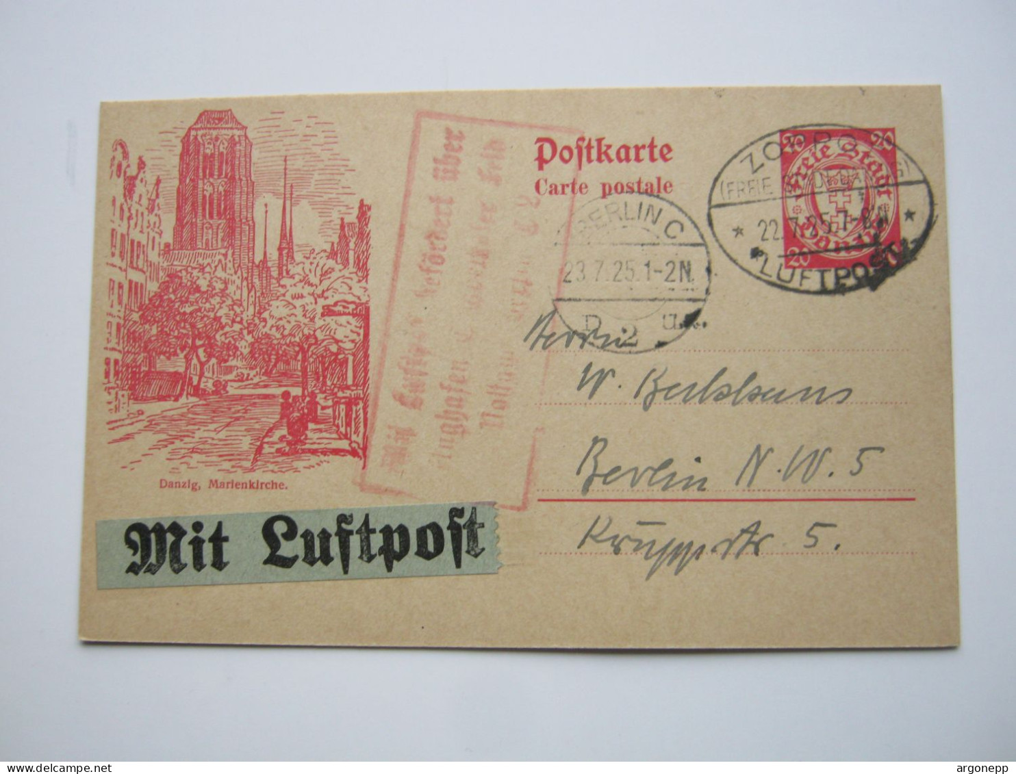 1925 , 20 Pfg. Bildganzsache Als Luftpostkarte Aus ZOPPOT- Luftpost , Nach Berlin - Enteros Postales