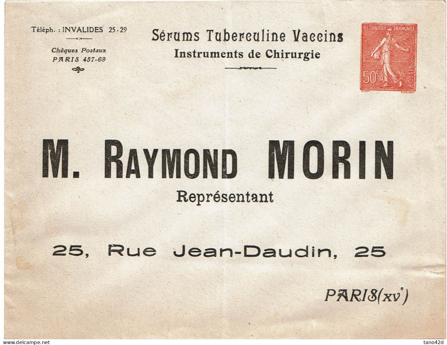 REF CTN88 - EP ENV SEMEUSE LIGNEE 50c  NEUVE REPIQUAGE RAYMOND MORIN TRACES DE CHARNIERE - Buste Ristampe (ante 1955)