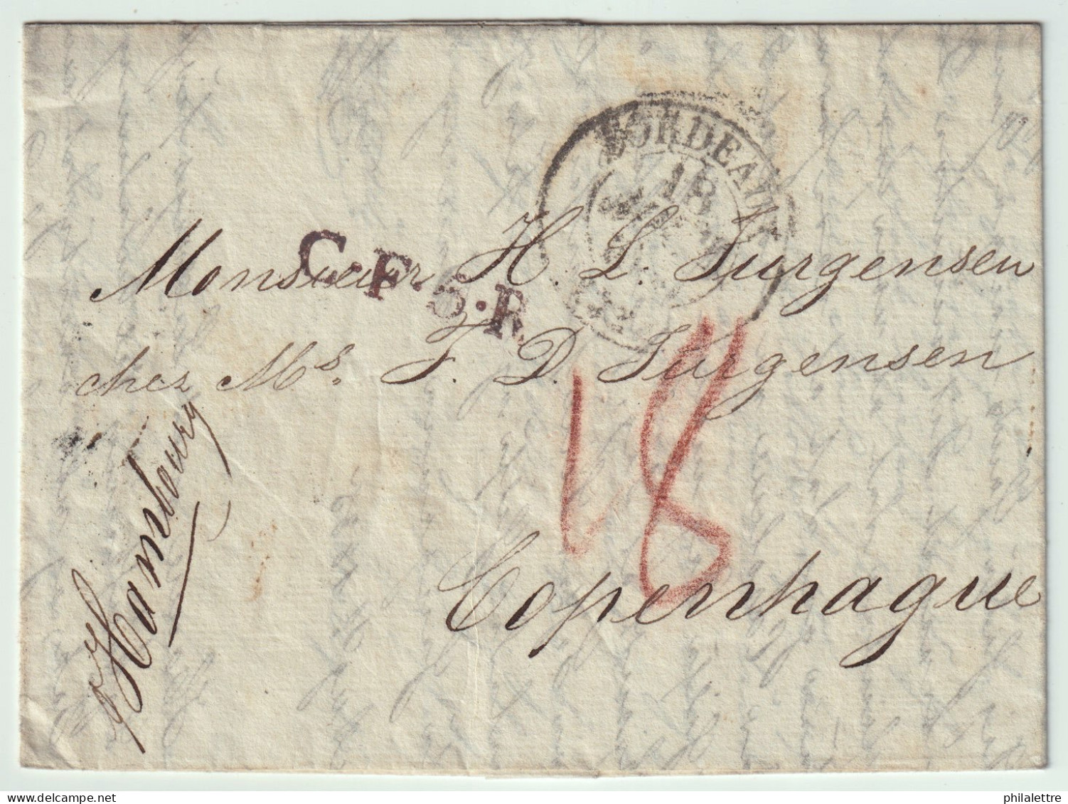 FRANCE / DENMARK Via HAMBURG 1835 Marque "TT / HAMBURG / 27 Aug. 35" In Transit On Letter From BORDEAUX To COPENHAGEN - 1801-1848: Vorläufer XIX