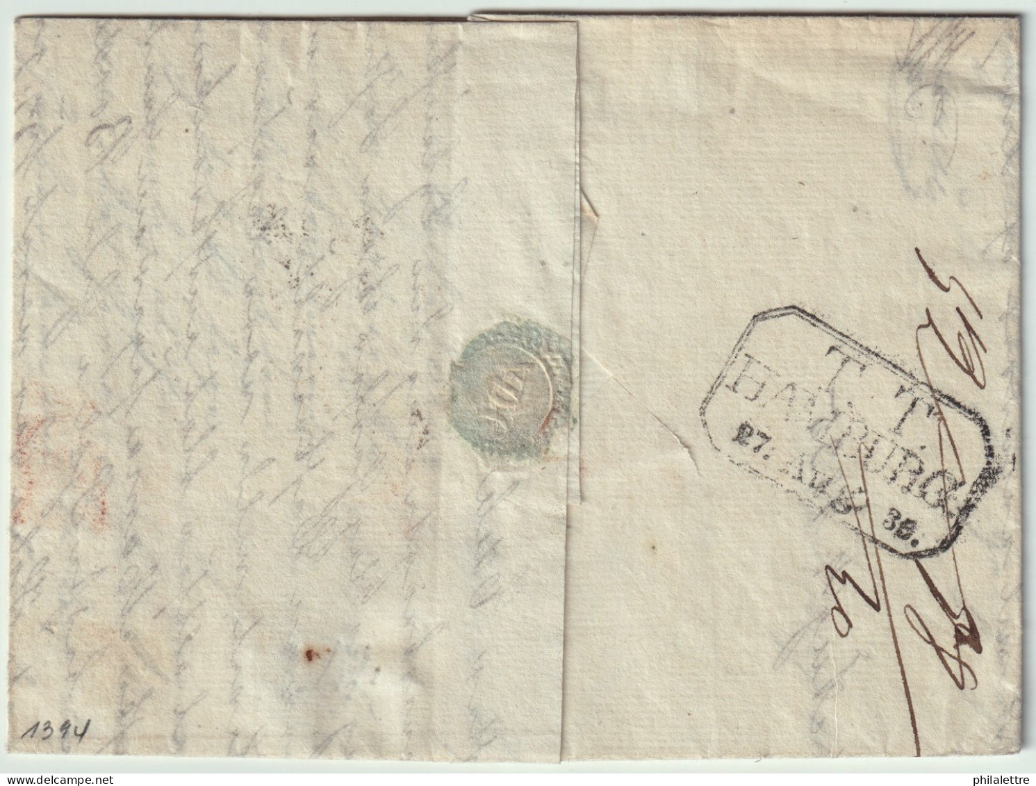 FRANCE / DENMARK Via HAMBURG 1835 Marque "TT / HAMBURG / 27 Aug. 35" In Transit On Letter From BORDEAUX To COPENHAGEN - 1801-1848: Voorlopers XIX