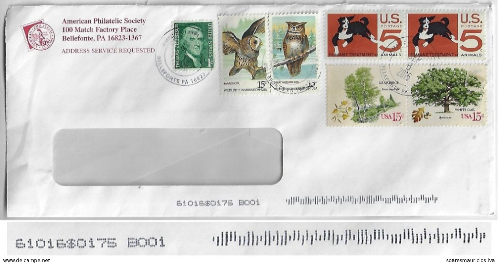 United States USA 2016 Windowed Cover From Bellefonte 7 Stamp (1 Damaged) Electronic Sorting Marks On Front And Back - Lettres & Documents