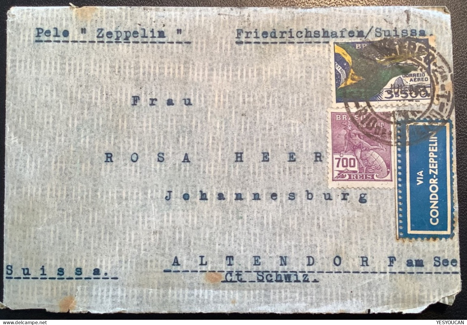 CONDOR-ZEPPELIN1933„Pedro Elmer Petropolis“cover>Rosa Heer, Johannisburg, Altendorf SZ Schweiz (Brazil Luftpost Brief - Luftpost
