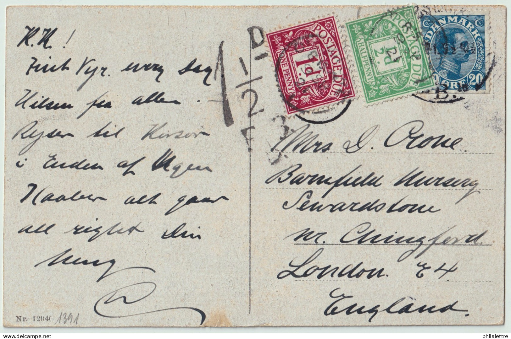 ROYAUME-UNI / UK - SG D1 & SG D2 On 1921 DENMARK To GB Underpaid Postage Due Copenhagen PPC To CHINGFORD - Postage Due