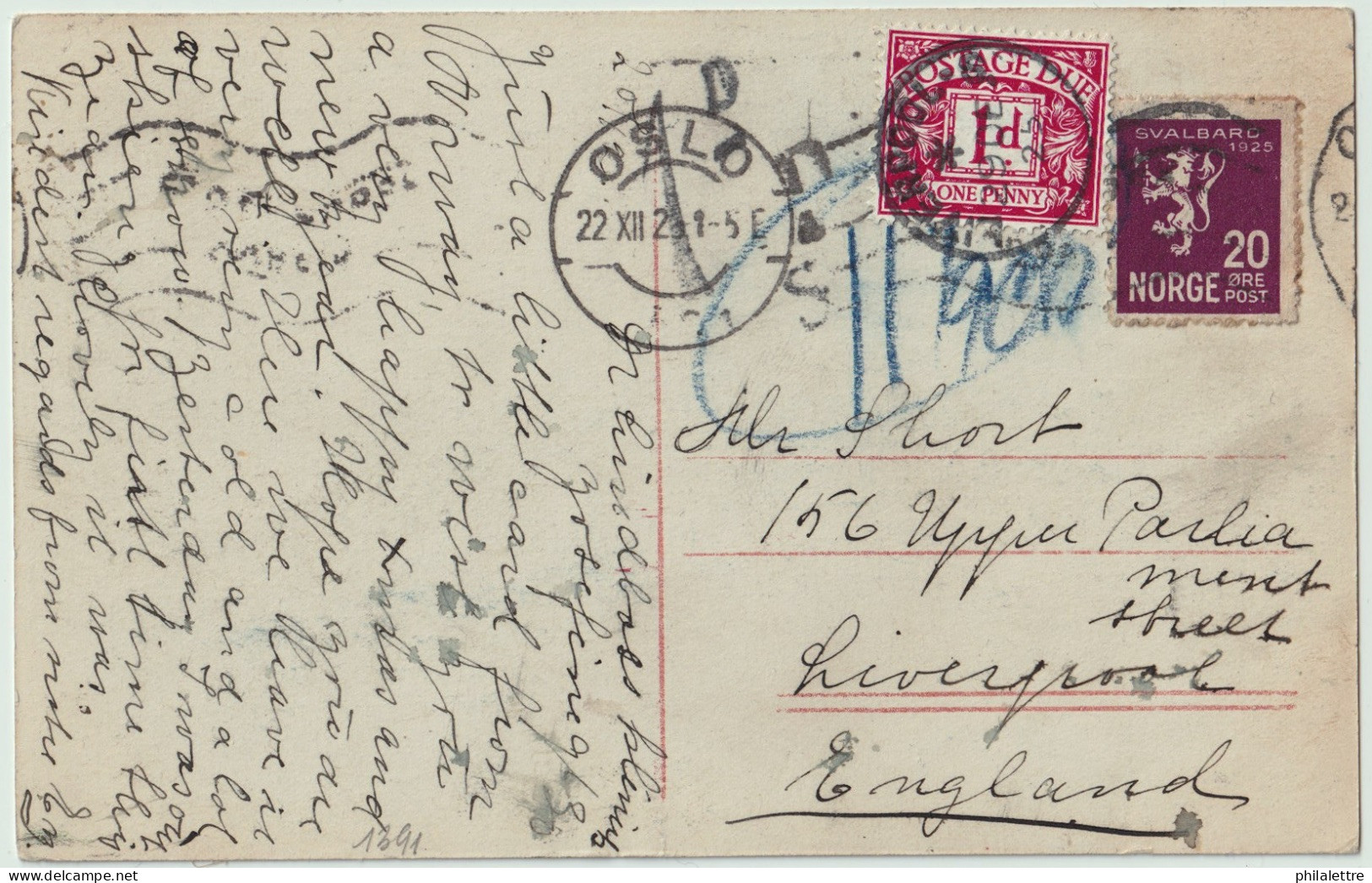ROYAUME-UNI / UK - SG D11 On 1925 DENMARK To GB Underpaid Postage Due OSLO PPC To LIVERPOOL Franked 20 ör SVALBARD Issue - Strafportzegels