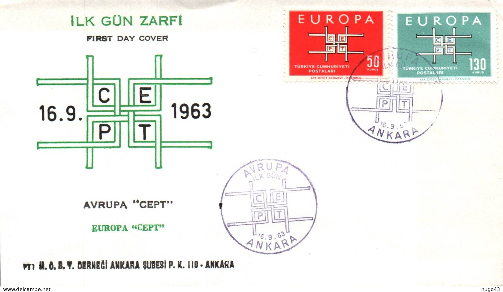 ENVELOPPE 1er JOUR - EUROPA CEPT 1963 - SERIE DU 16/09/1963 ANKARA - FDC