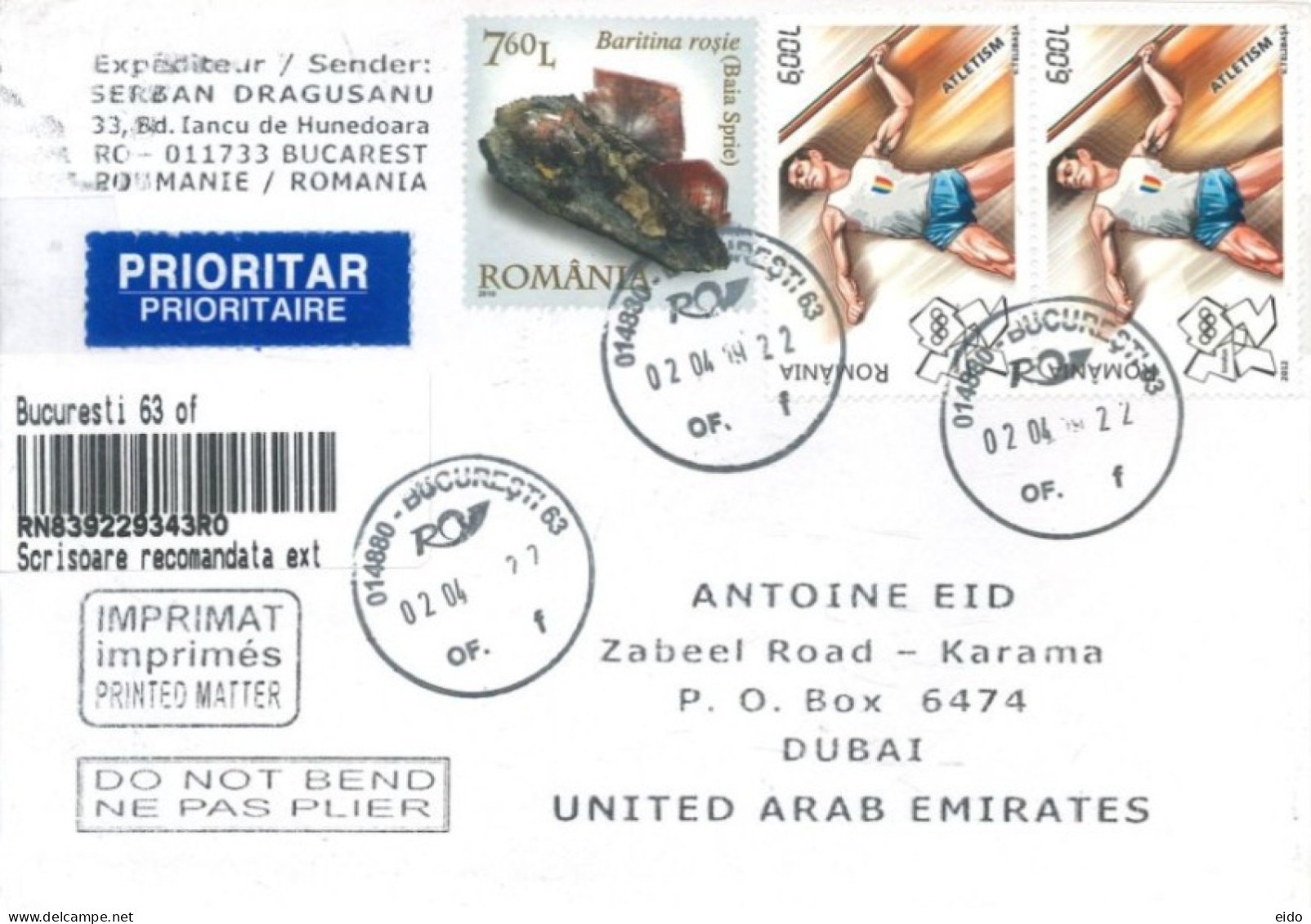 ROMANIA  - 2022,  REGISTERED STAMPS COVER TO DUBAI. - Brieven En Documenten