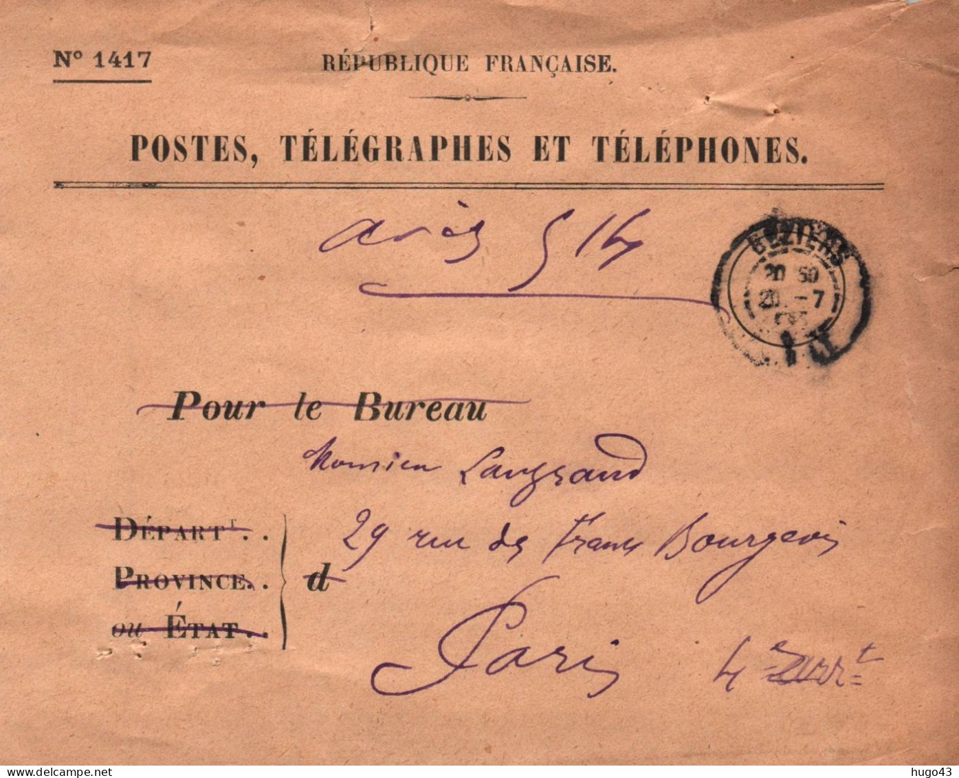 ENVELOPPE POSTES TELEGRAPHES ET TELEPHONES  EN 1905 DE BEZIERS A PARIS - Telegraph And Telephone