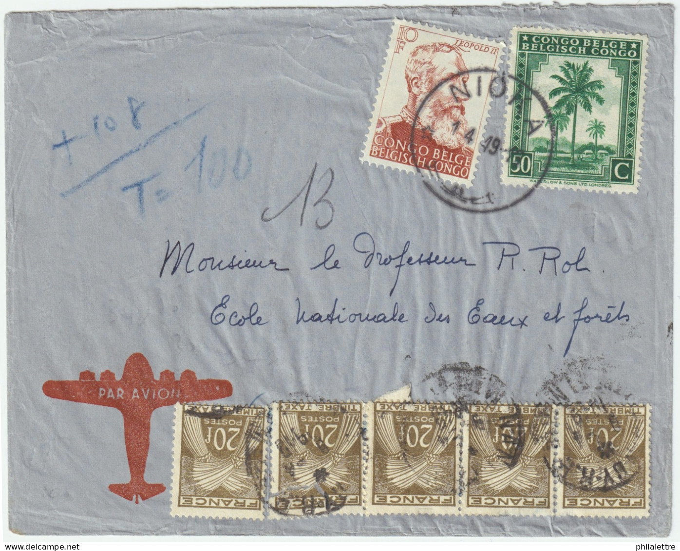 CONGO BELGE Pour La FRANCE - 1949 LSC AVION Affranchie 10fr50c From NIOKA To NANCY, Taxée 100fr (5x20fr Type Gerbes) - 1859-1959 Lettres & Documents