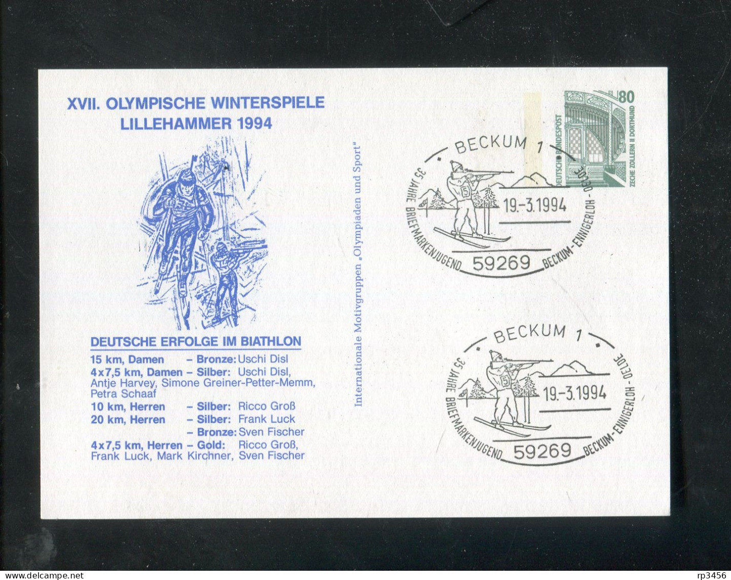 "BUNDESREPUBLIK DEUTSCHLAND" 1994, Privat-Postkarte "Olympische Winterspiele" SSt. "BECKUM" (7418) - Cartes Postales Privées - Oblitérées
