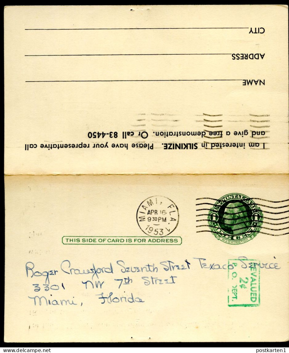 UY14 Type 1 Postal Card With Reply Miami FL 1953 - 1941-60