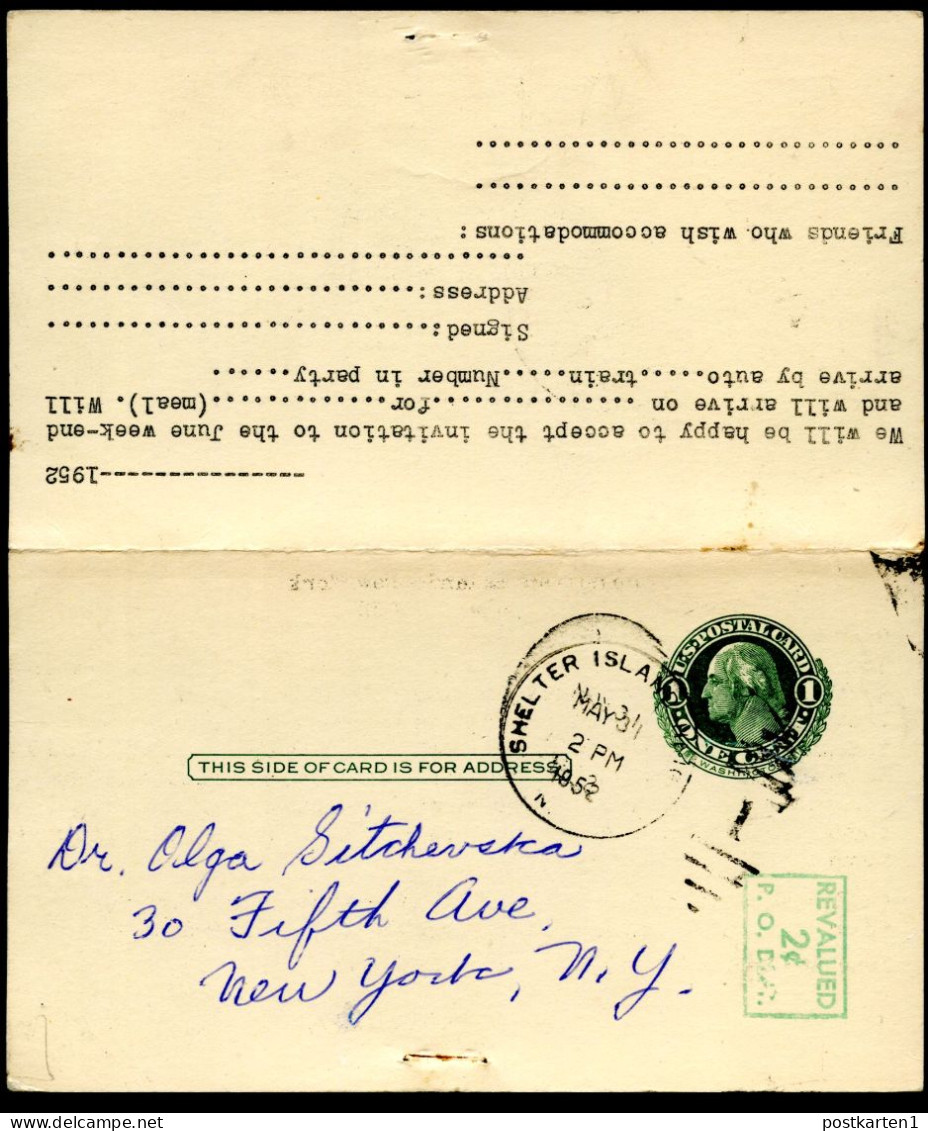 UY14 Type 1 Postal Card With Reply Shelter Island Heights NY 1952 - 1941-60