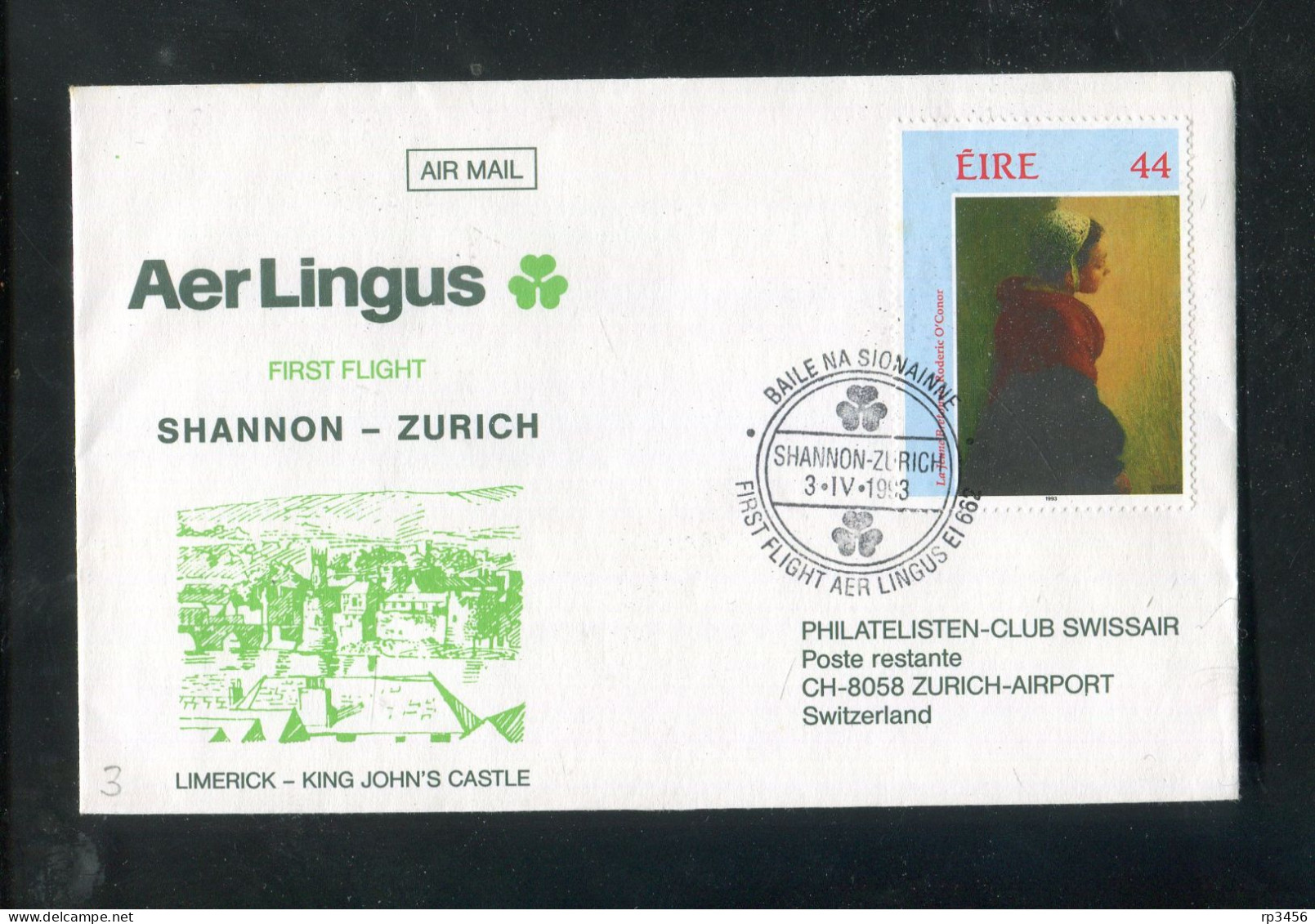 "IRLAND" 1993, Aer Lingus-Erstflugbrief "Shannon-Zuerich" (7447) - Airmail