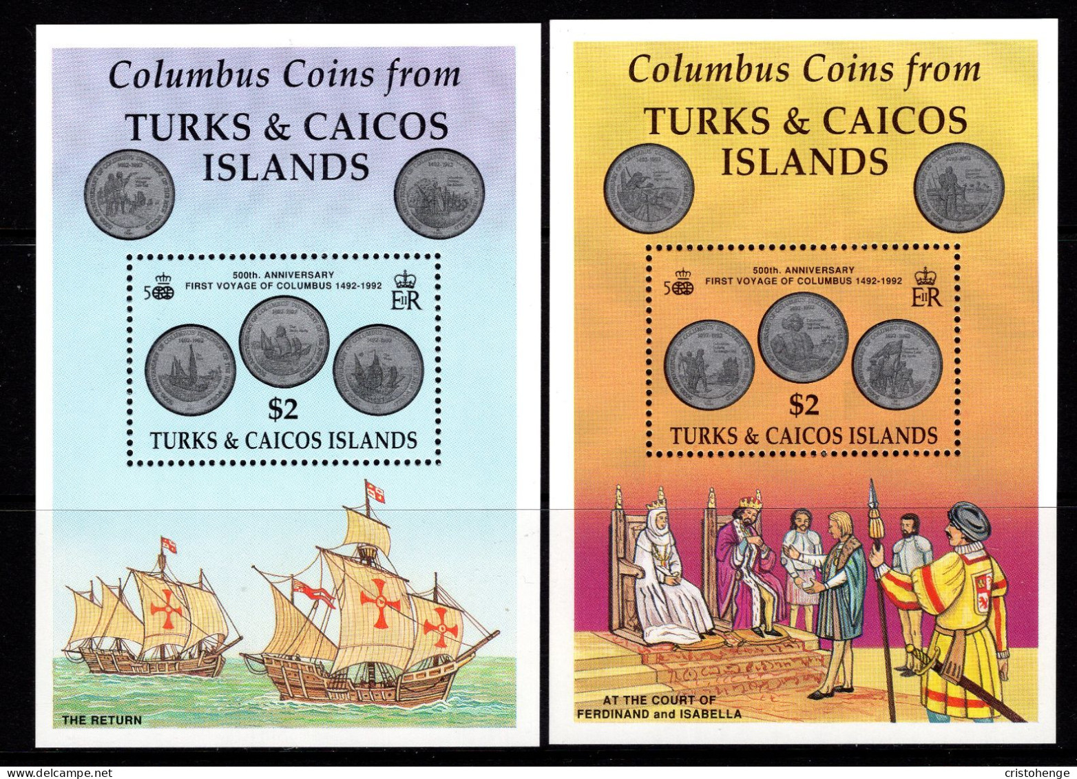 Turks & Caicos Islands 1992 Discovery Of Americas - Coins MS Set MNH (SG MS1176a&b) - Turks & Caicos (I. Turques Et Caïques)