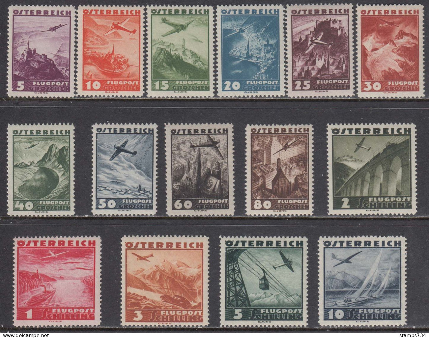 Austria 1935 - Par Avion: Landschaften, Mi-Nr. 598/612, MNH** - Ungebraucht