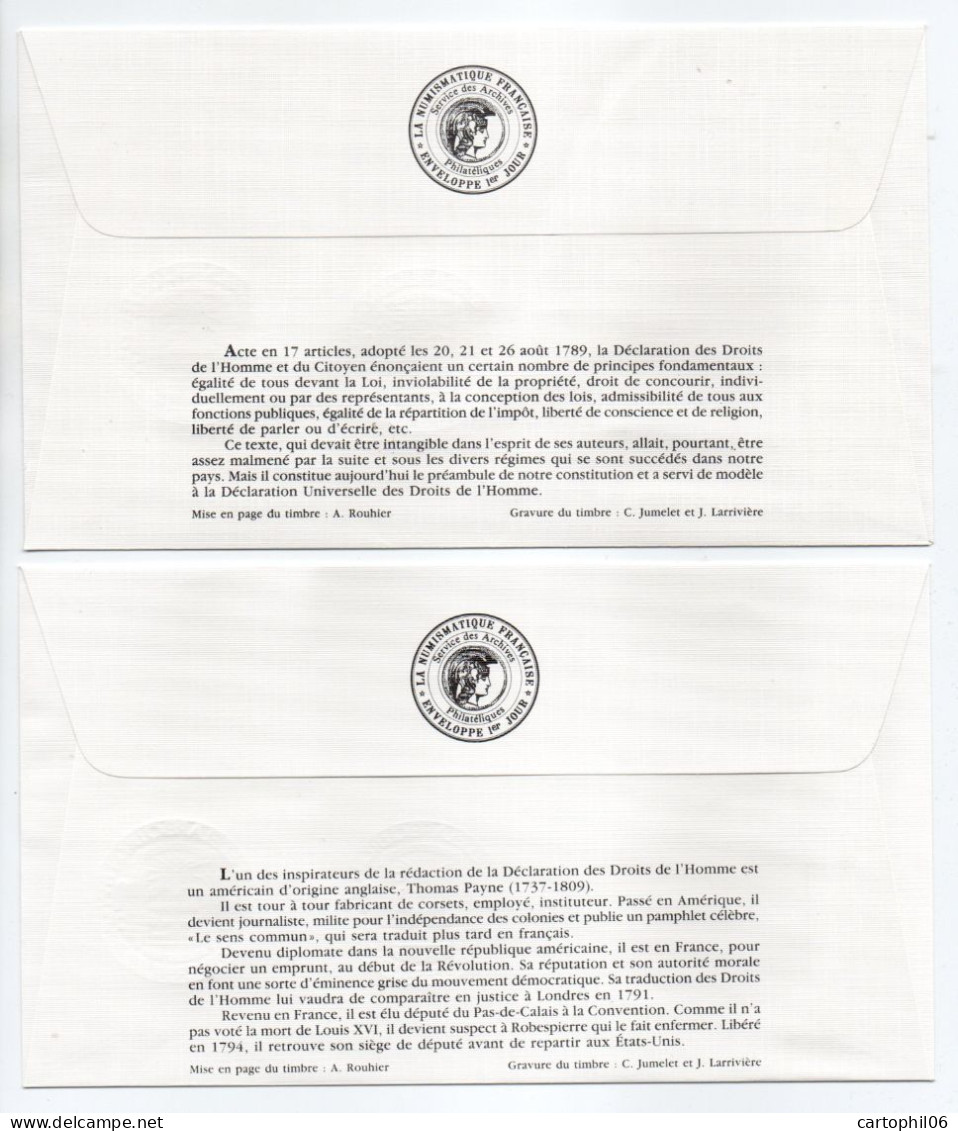 - 4 FDC BICENTENAIRE DE LA DÉCLARATION DES DROITS DE L'HOMME ET DU CITOYEN 1989 - - Revolución Francesa