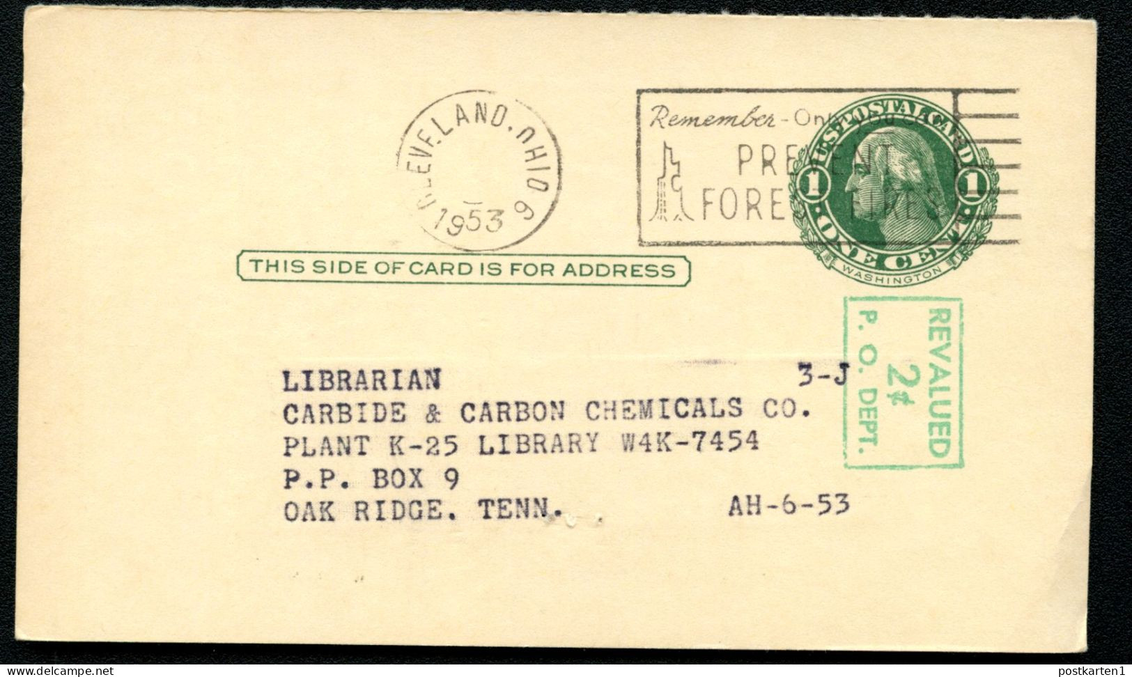 UY14m Type 1 Message Card Cleveland OH 1953 - 1941-60