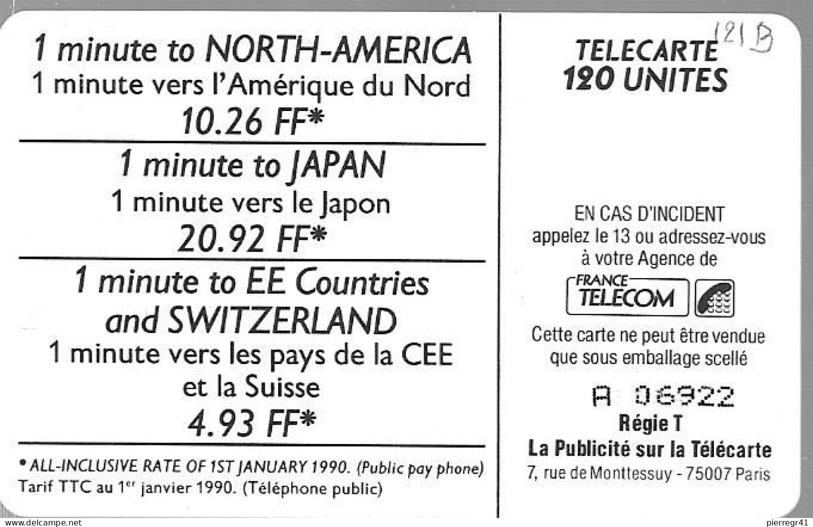 CARTE-PUBLIC-1989-120U-F121B-So3-CALL HOME NUIT -UTILISE -TBE- - 1989