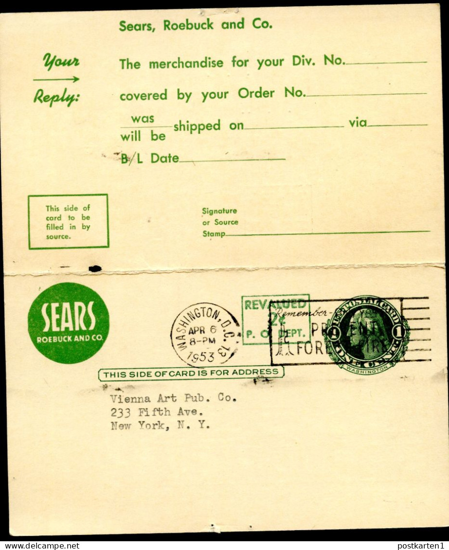 UY15 Surcharge Type 1 Postal Card With Reply Washington DC 1953 Cat.$45.00 - 1941-60