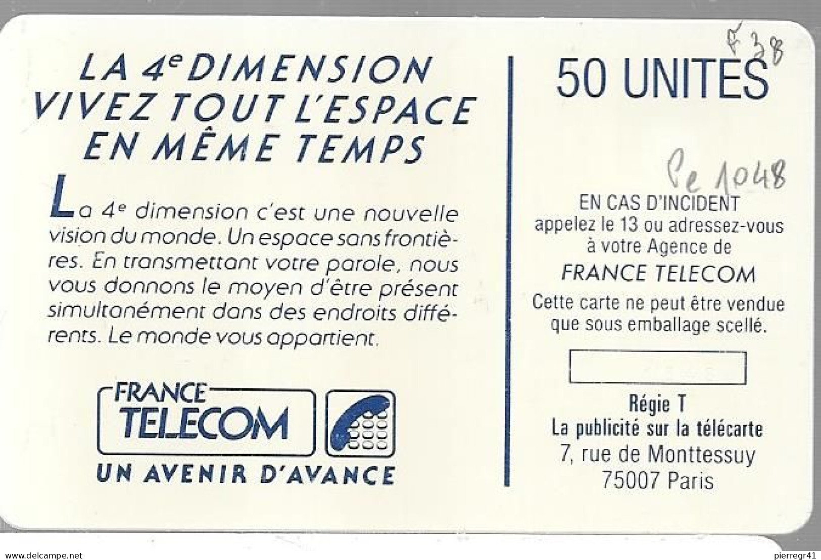 CARTE-PUBLIC-50U-F 38-1989-SO2-4é DIMENSIONS HOMMES-V° 4Pe 1048-UTILISEE -TBE - 1989