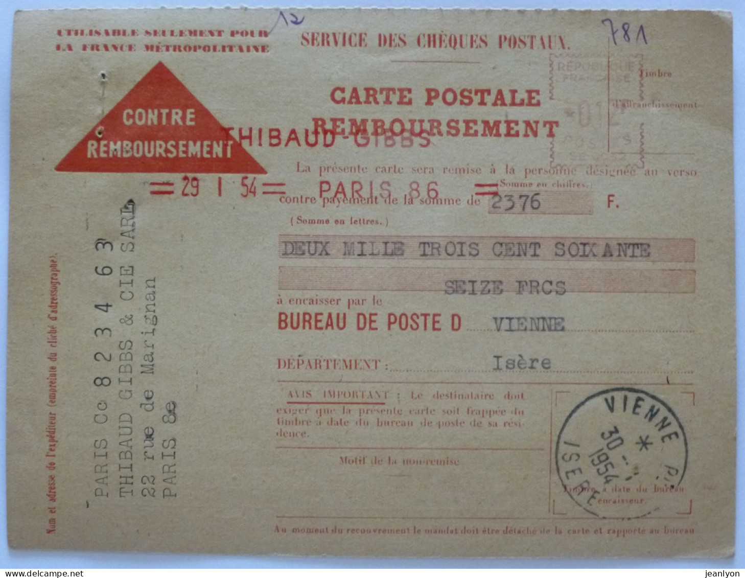 CARTE POSTALE CHEQUES POSTAUX - Contre Remboursement - Cachet VIENNE (ISERE) / 30-01-1954 - Chèques & Chèques De Voyage