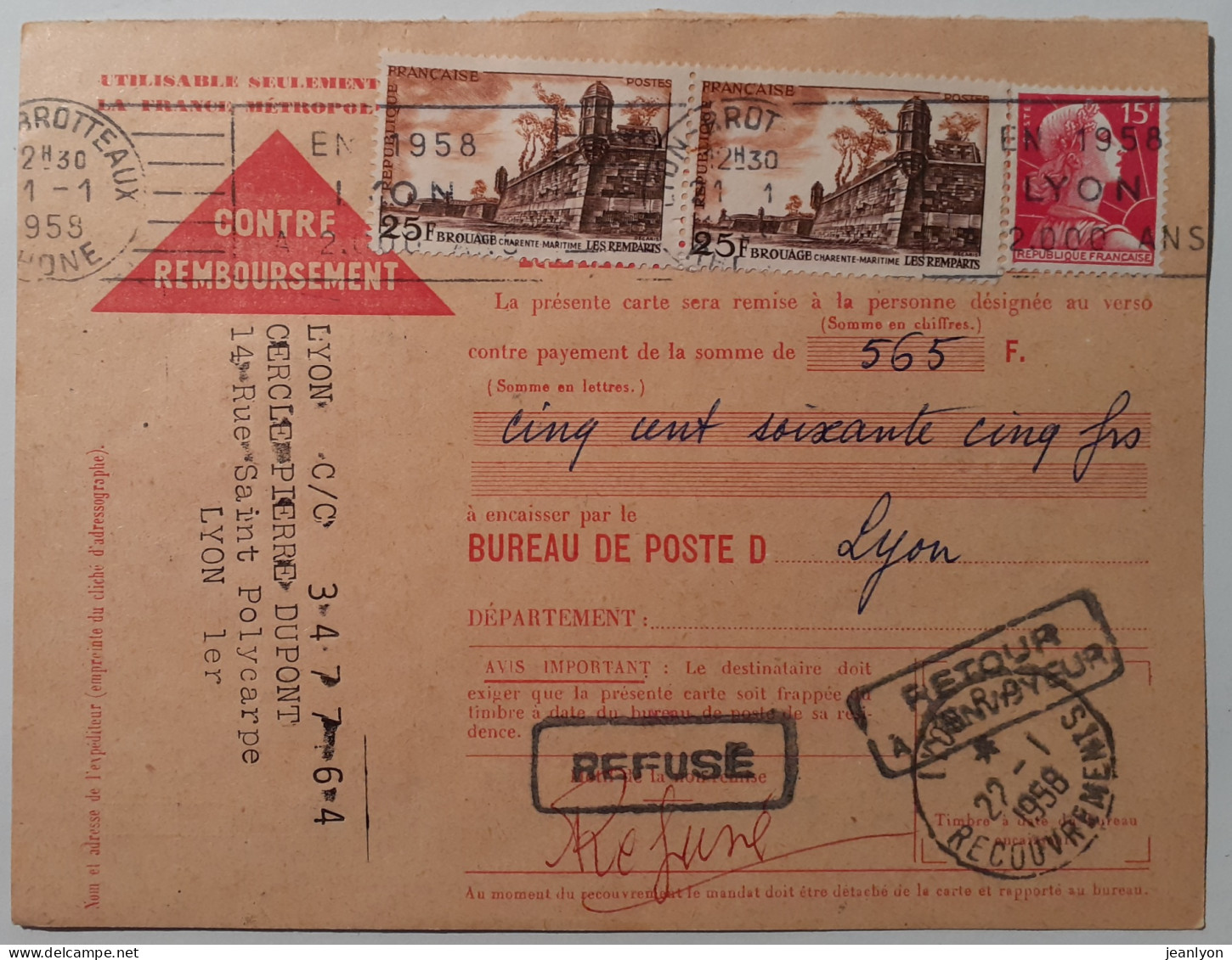 CARTE CONTRE REMBOURSEMENT - Mandat Carte - Cachet LYON BROTTEAUX / 21-01-1958 - Chèques & Chèques De Voyage