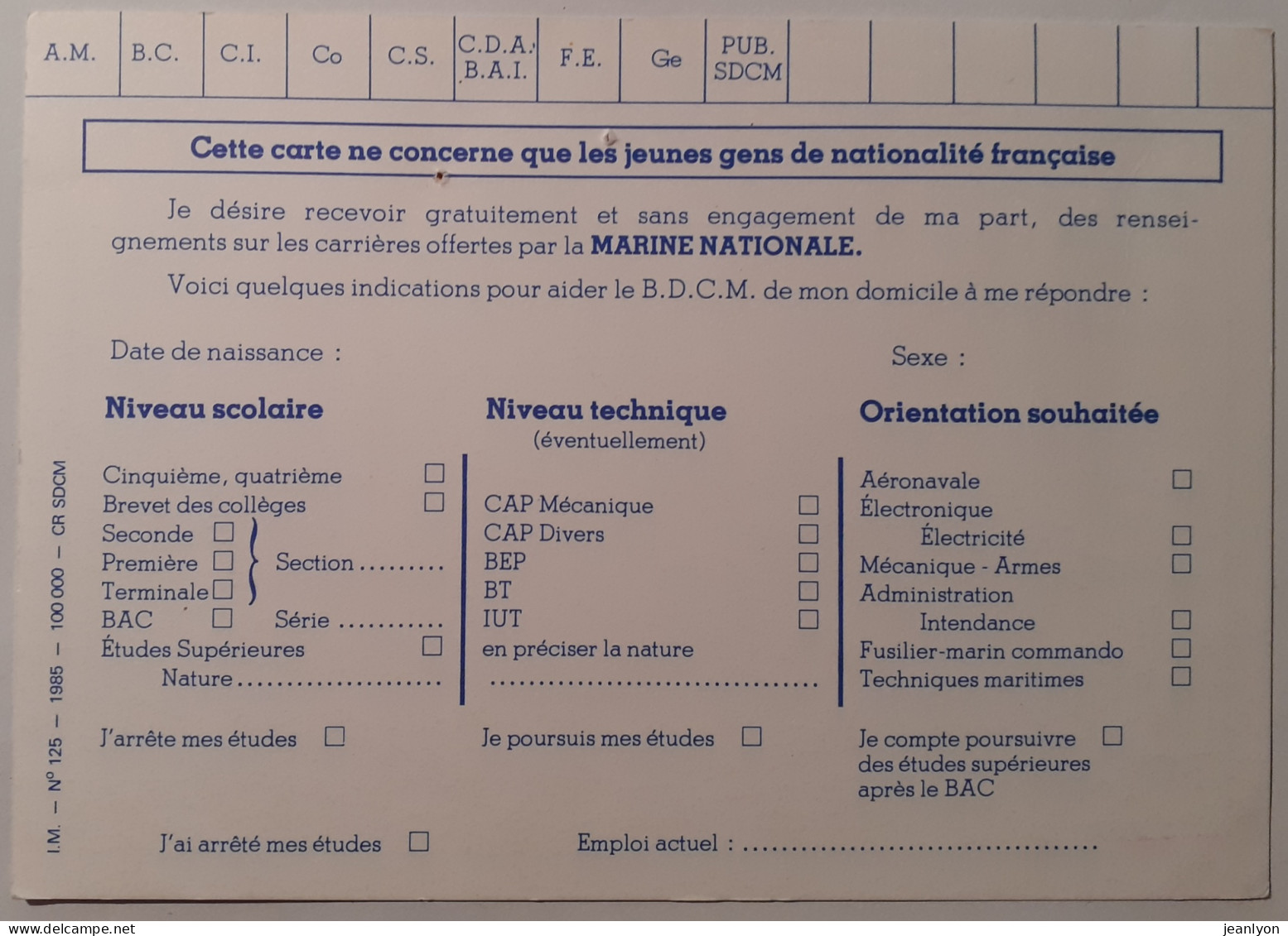 MARINE NATIONALE - Carte Postale Info Carrière Avec Cachet Collège Crémieu  - Police - Gendarmerie