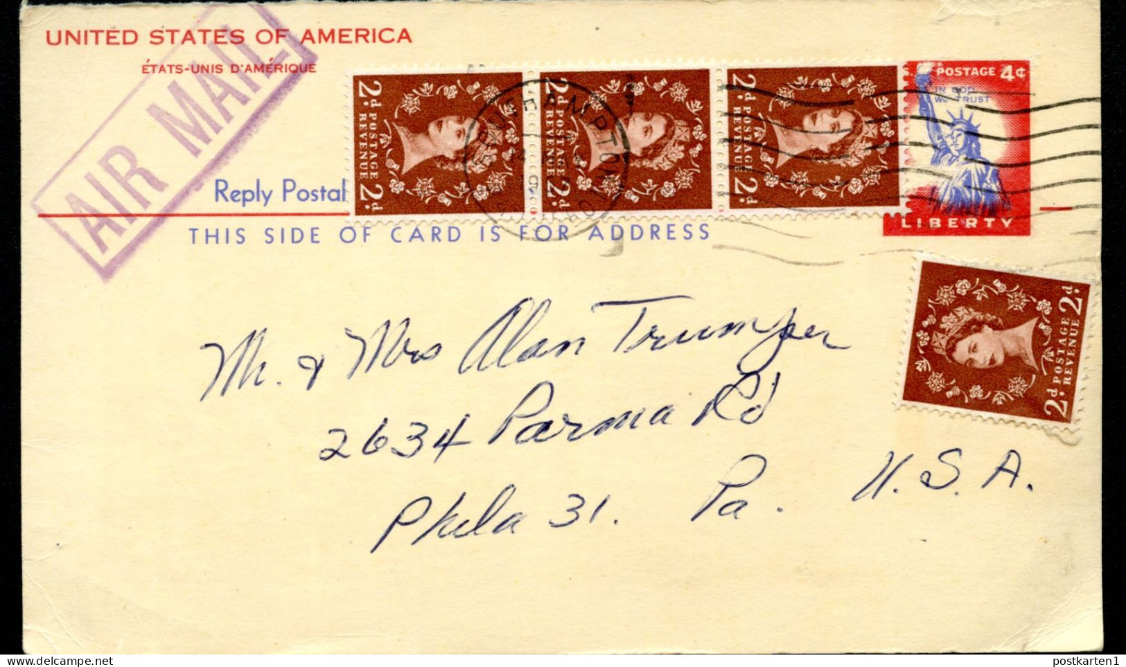 UY16r Reply Card NONPHILATELIC Used Southampton UK To Philadelphia PA AIRMAIL 1957 Cat.$45.00 - 1941-60