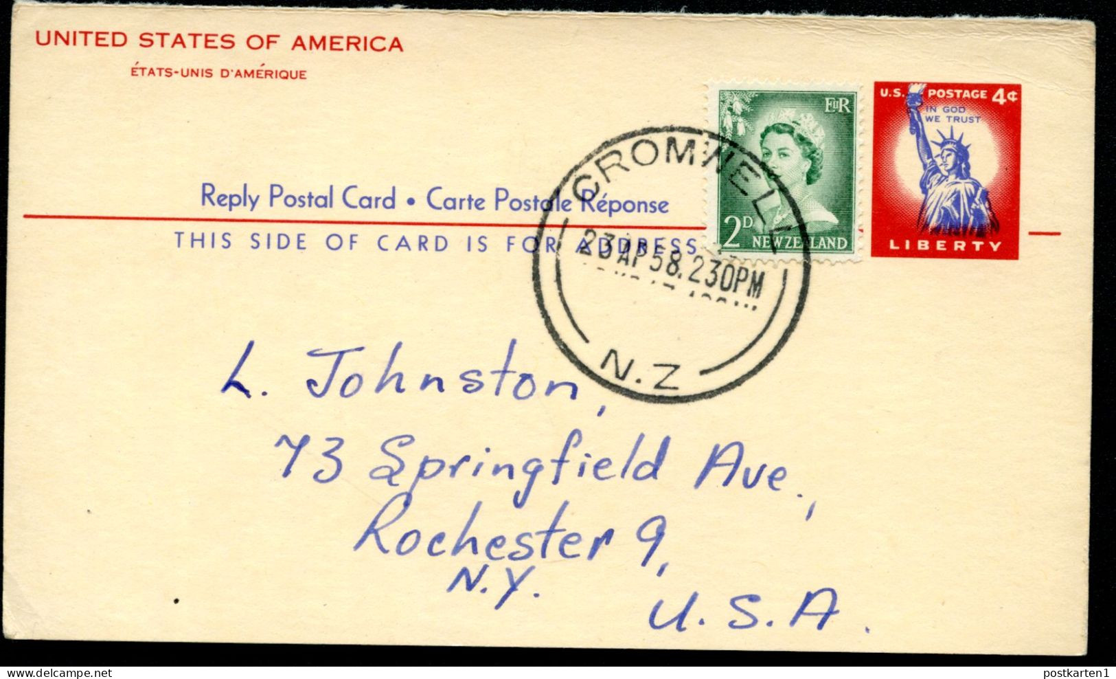 UY16r Reply Card Used Cromwell NZL To Rochester NY 1958 Cat.$45.00 - 1941-60