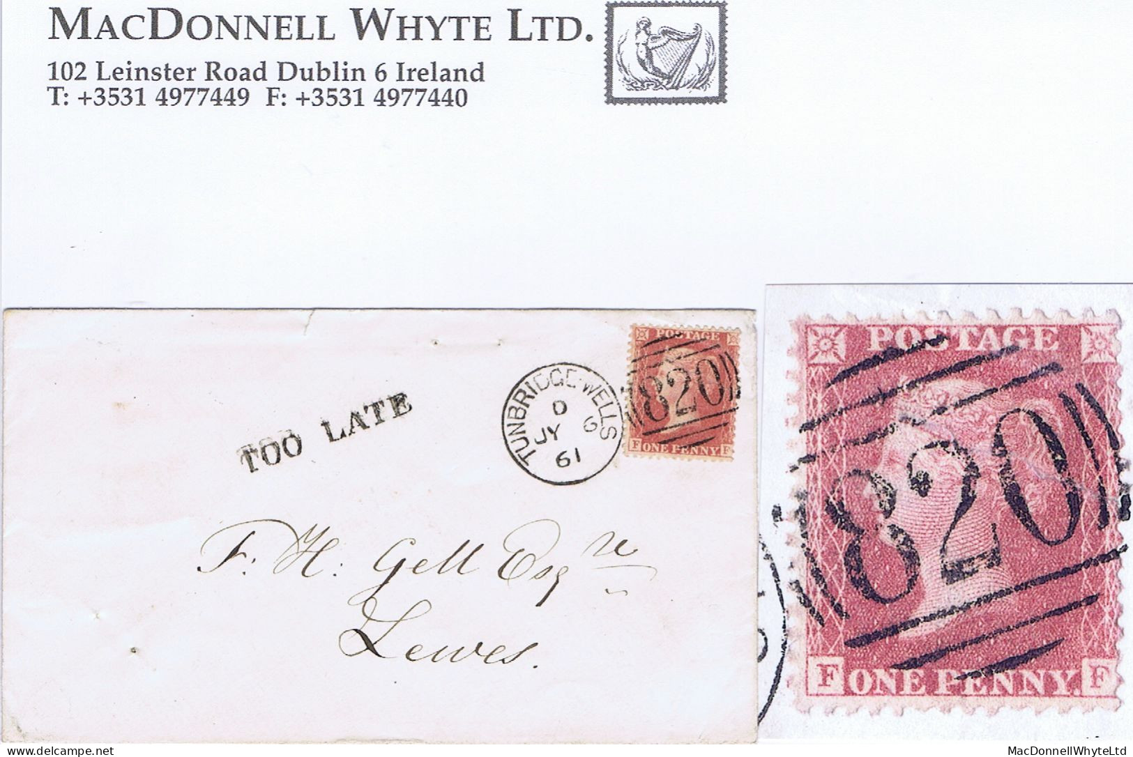 Great Britain Kent 1861 1d Red Plate 42 FF Used On Cover With TOO LATE Of Tunbridge Wells, "820" Duplex Cancel - Lettres & Documents