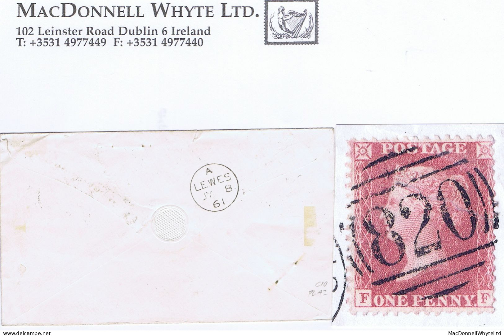 Great Britain Kent 1861 1d Red Plate 42 FF Used On Cover With TOO LATE Of Tunbridge Wells, "820" Duplex Cancel - Brieven En Documenten