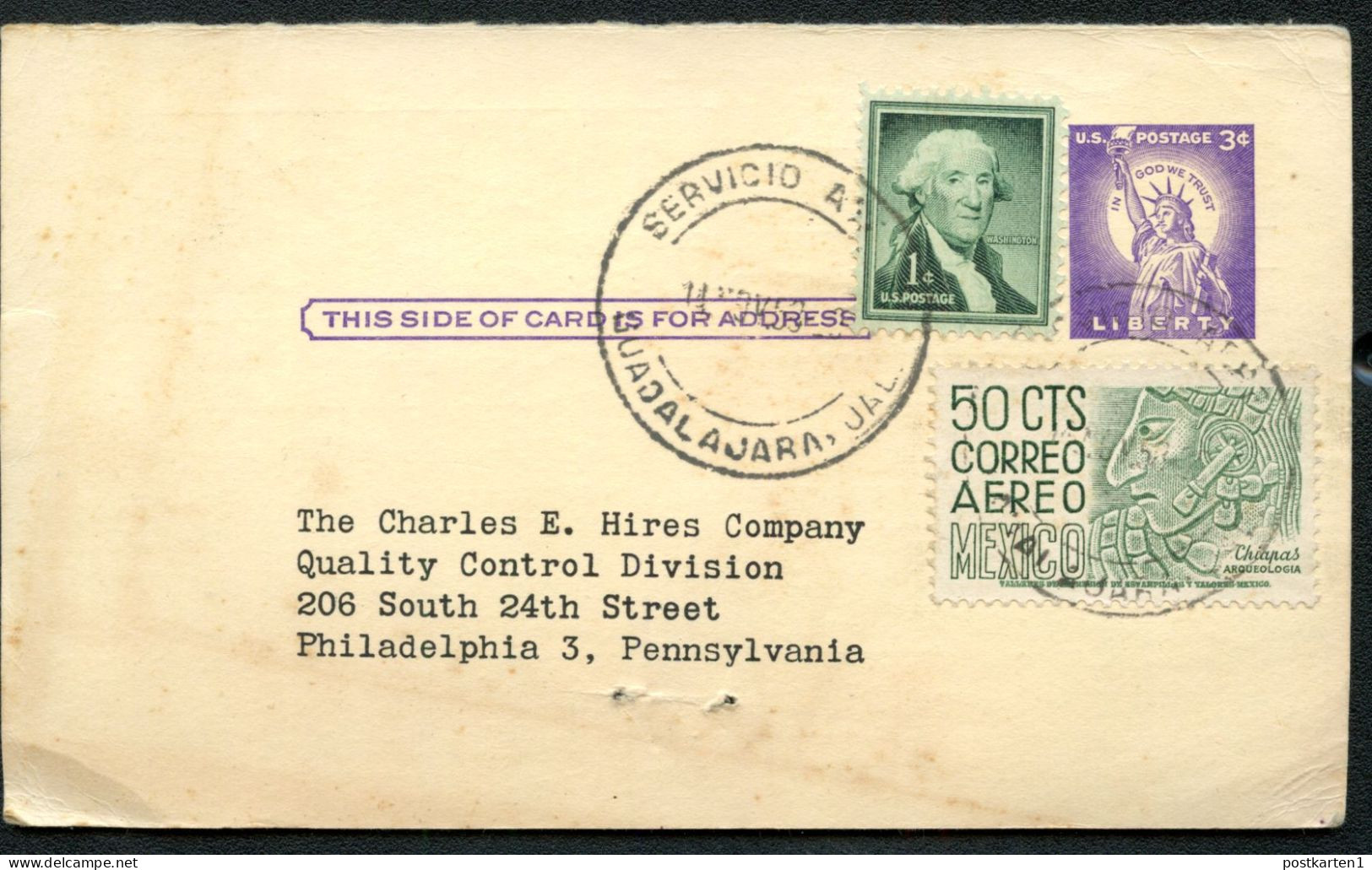 UY17r Reply Card Guadalajara MEXICO - Philadelphia PA 1958 - 1941-60