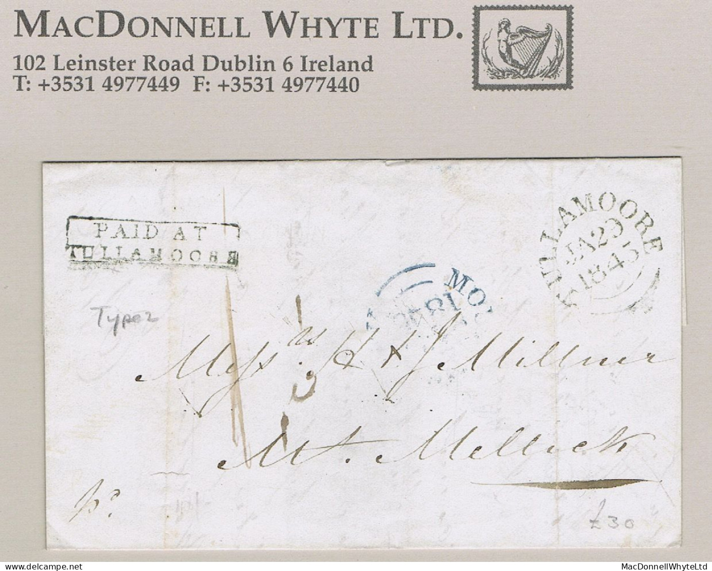 Ireland Offaly Uniform Penny Post 1845 Cover To Mountmellick With Boxed PAID AT/TULLAMOORE, TULLAMOORE JA 29 1845 - Voorfilatelie