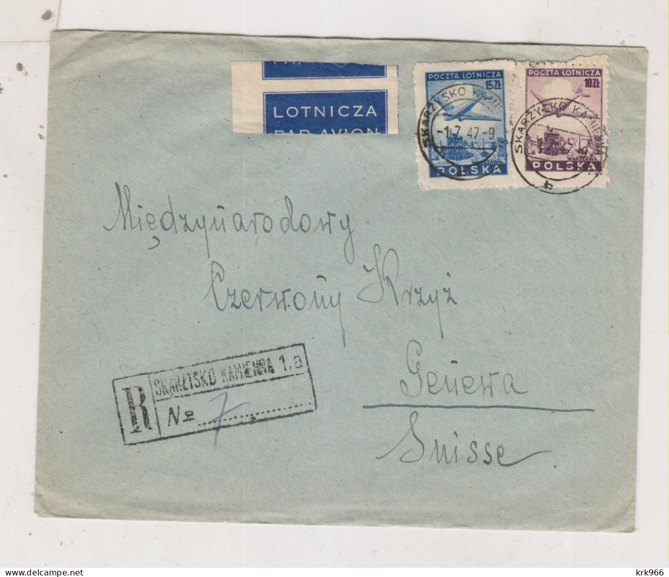 POLAND 1947 SKARZYSKO KAMIENNA Registered Airmail Cover To Switzerland - Covers & Documents