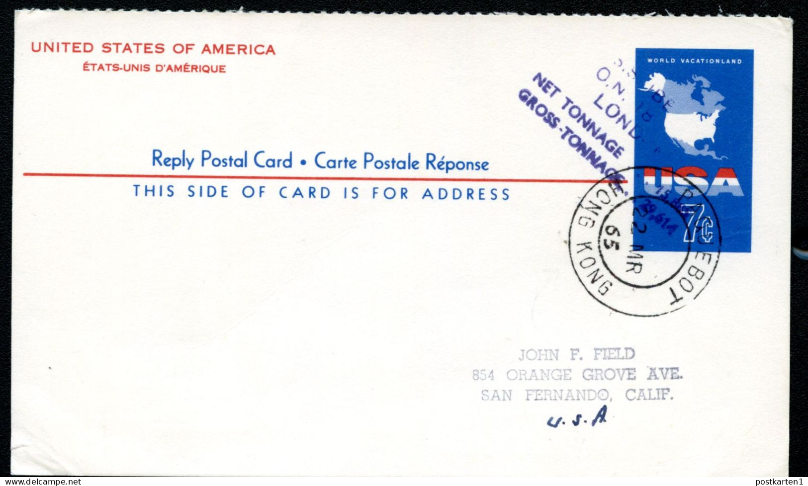 UY19r Reply Card PAQUEBOT HONG KONG 1965 - 1961-80