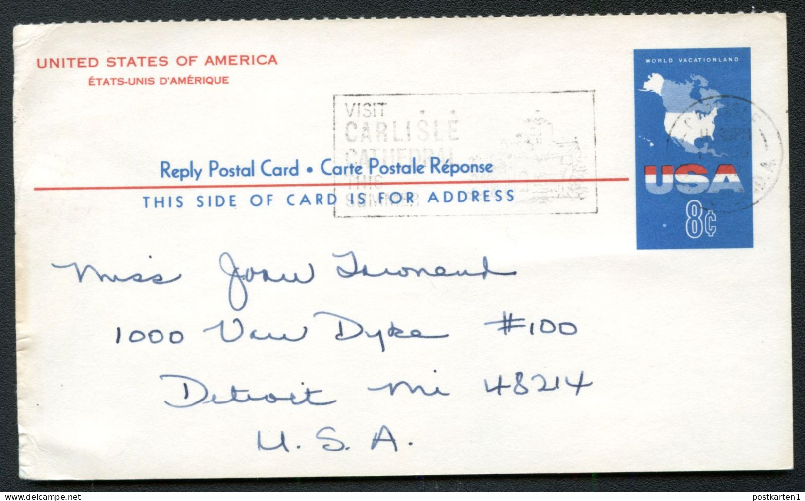 UY20r Reply Card Properly Used Carlisle UK To Detroit MI 1968 Cat.$40.00 - 1961-80