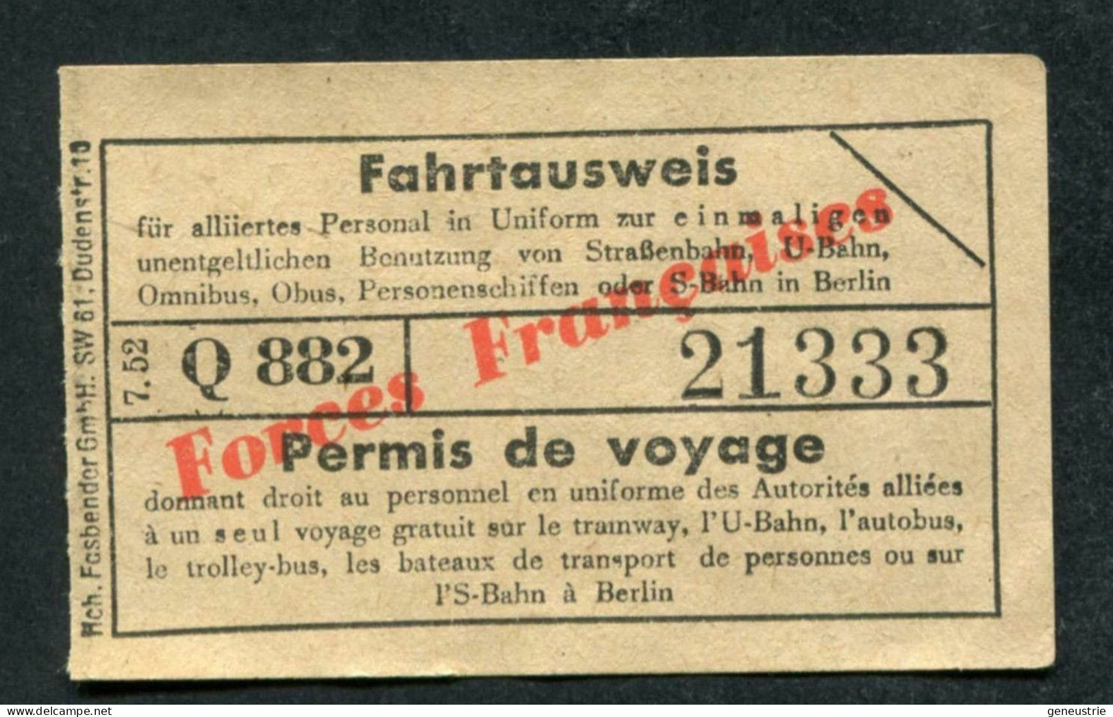 Ticket Tramway Et Bus De Berlin Pour Les Forces Françaises En Allemagne (Années 50) - Billet De Tramways - Europe