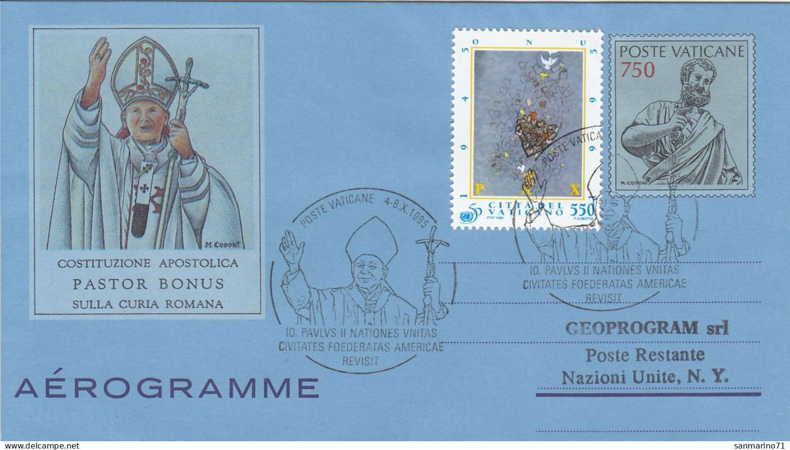 VATICAN Aerogramme 7-68,popes Travel 1995,United States - Papi