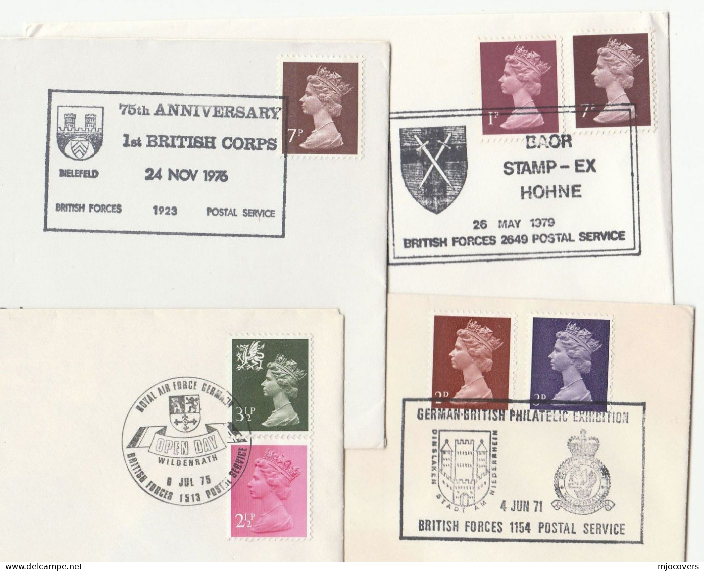 4 Diff COAT OF ARMS Event COVERS 1971-1979 British Forces Gb Stamps Military Heraldic Cover - Enveloppes