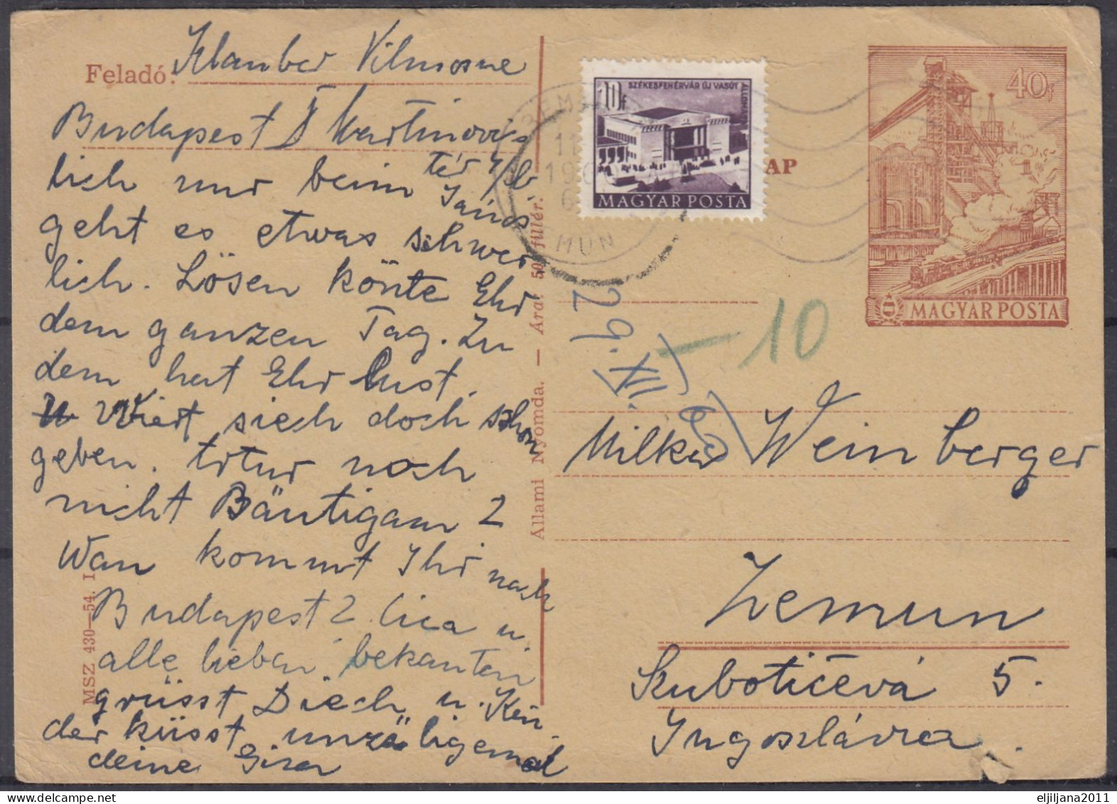 ⁕ Hungary - Magyar Posta 1960 ⁕ Budapest To Zemun ⁕ Stationery Postcard 40f.+ 10f. - Entiers Postaux