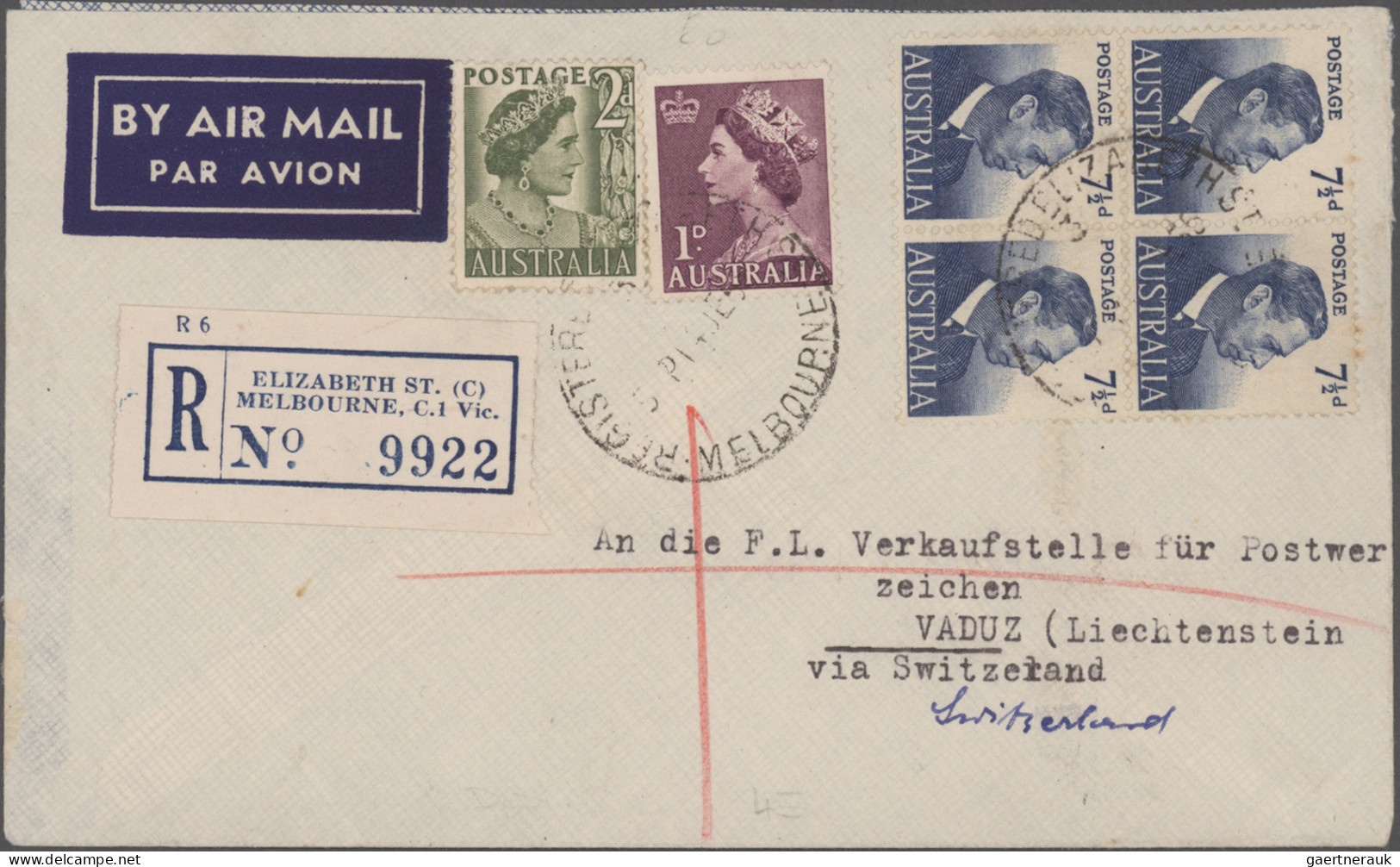 Australia: 1915/1955 Six Interesting Covers Sent To Liechtenstein, New Zealand, - Colecciones