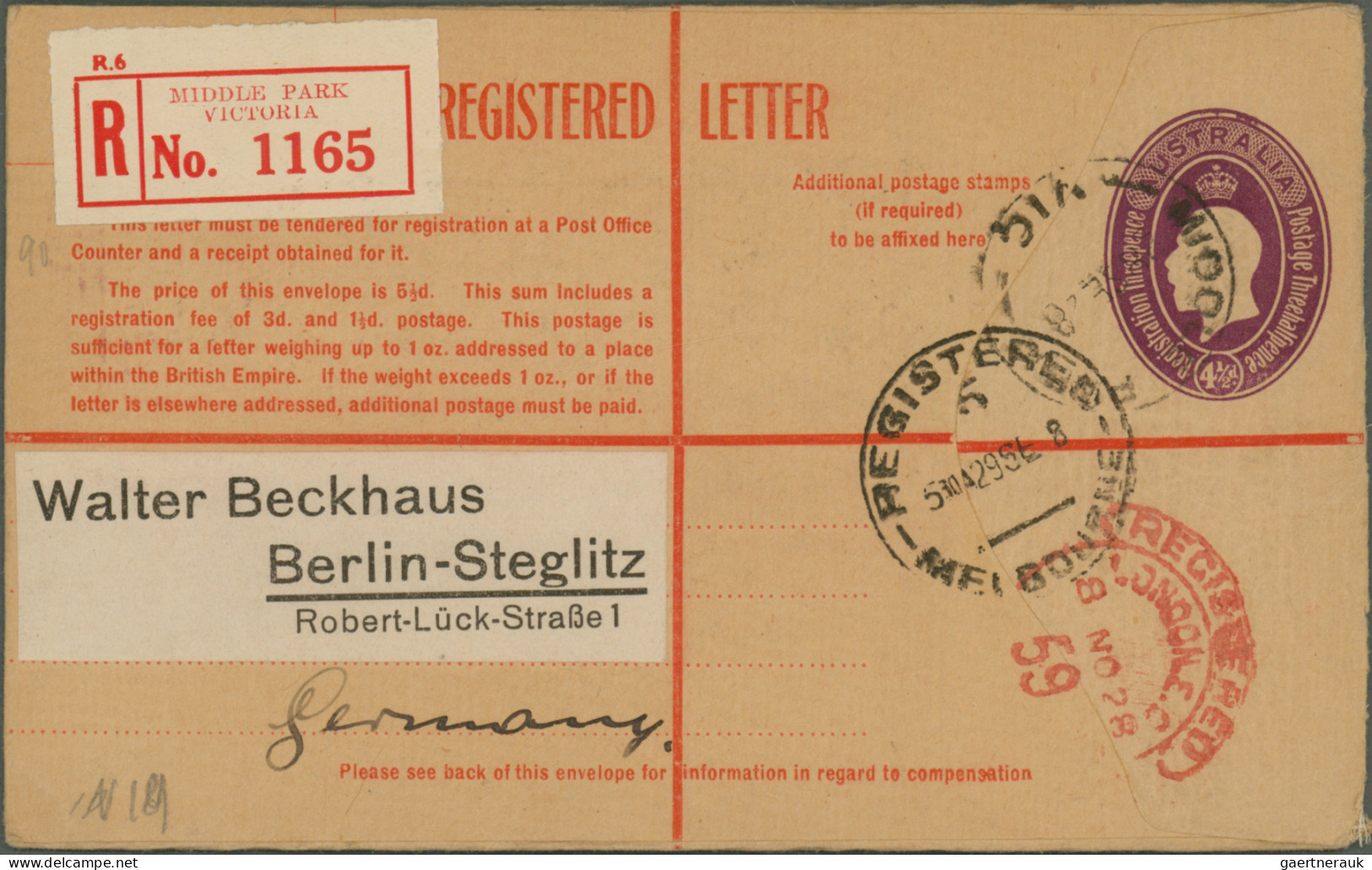 Australia - Postal Stationery: 1920/1928, Registration Envelopes KGV: Sideways 5 - Ganzsachen