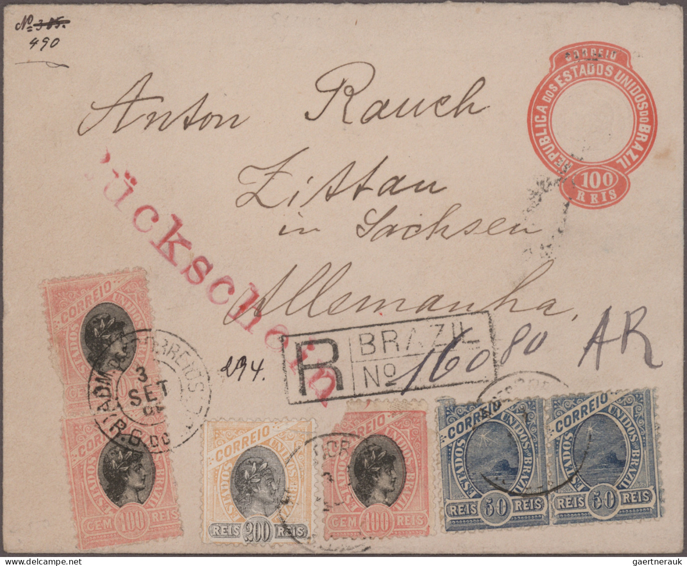 Brazil - Postal Stationery: 1883/1908, Lot Of Six (mainly Uprated) Stationeries, - Enteros Postales