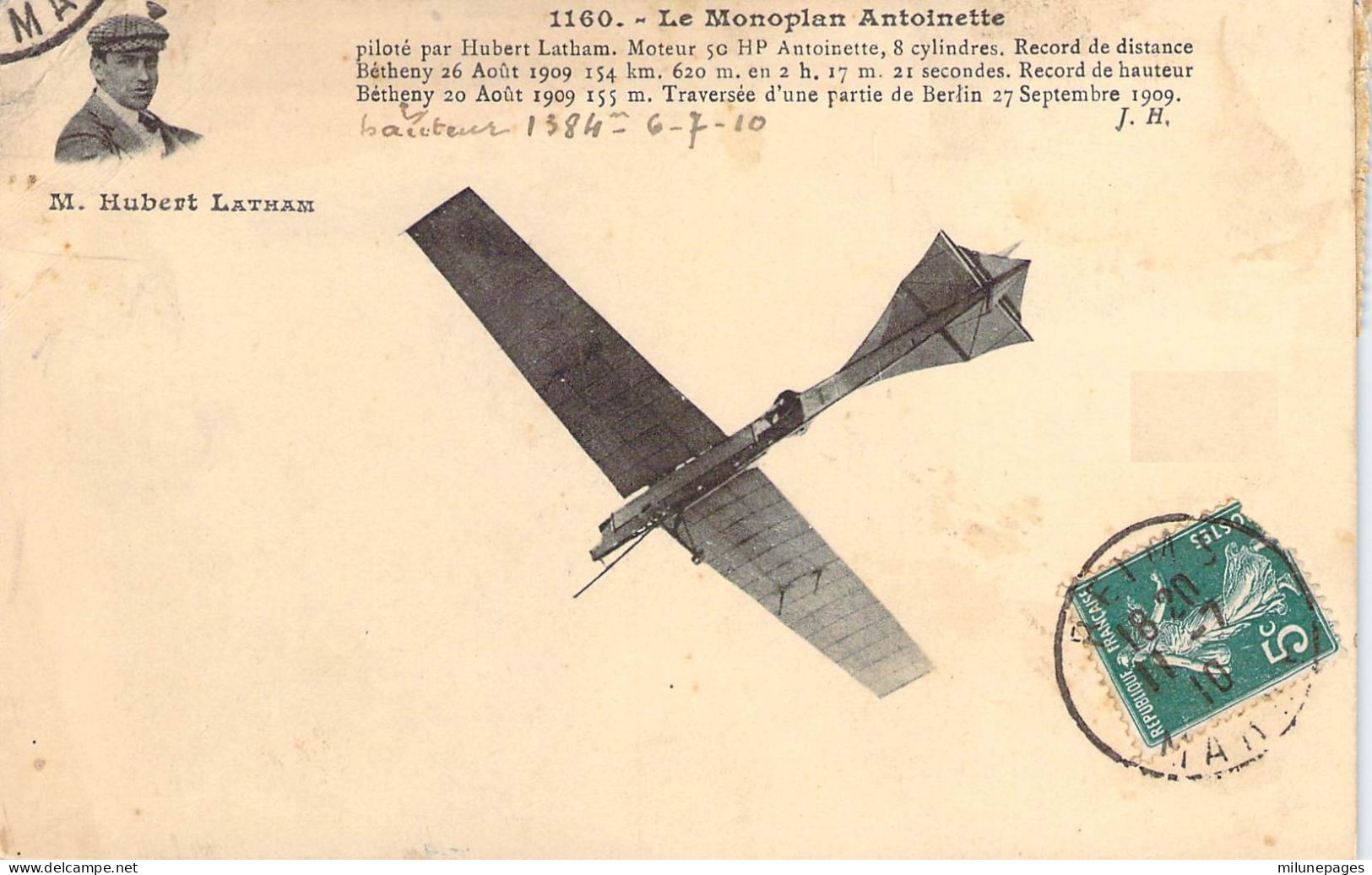 Belle Vignette De La Grande Semaine D'Aviation De Champagne Reims 1910 Sur Carte Du Monoplan Antoinette De Latham - Aviation