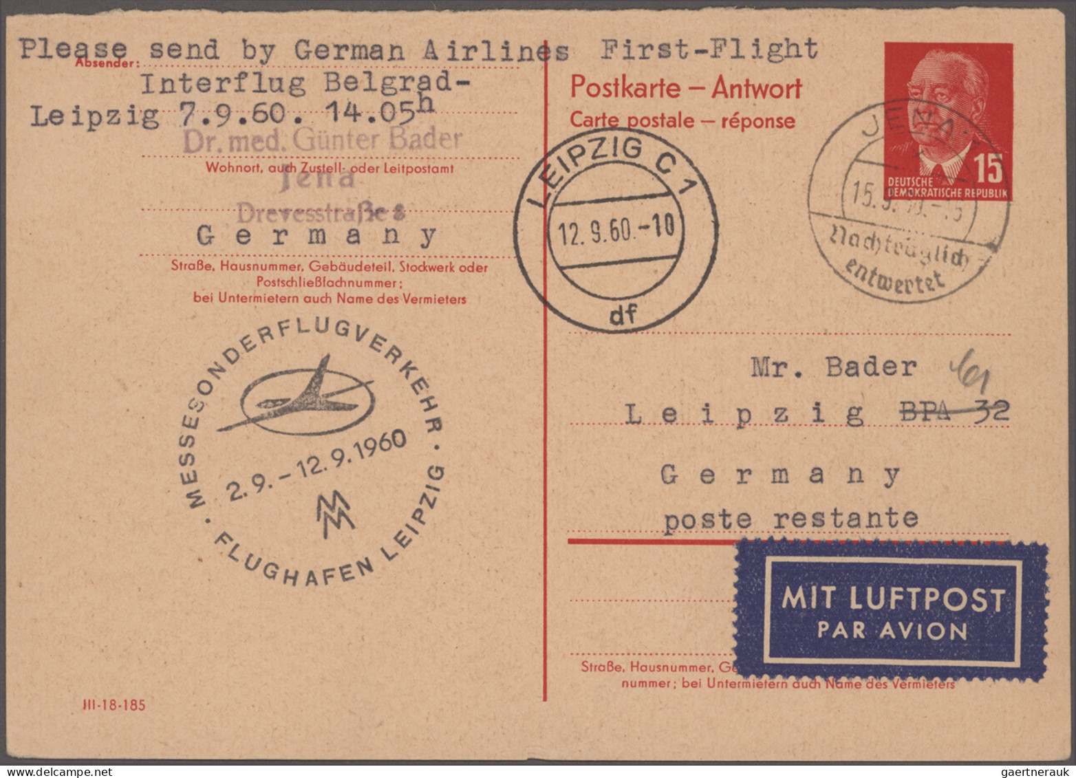 Air Mail - Germany: 1960/1970, Lot Mit Ca. 30 GA-Antwortkarten Von Der DDR, BRD - Luft- Und Zeppelinpost