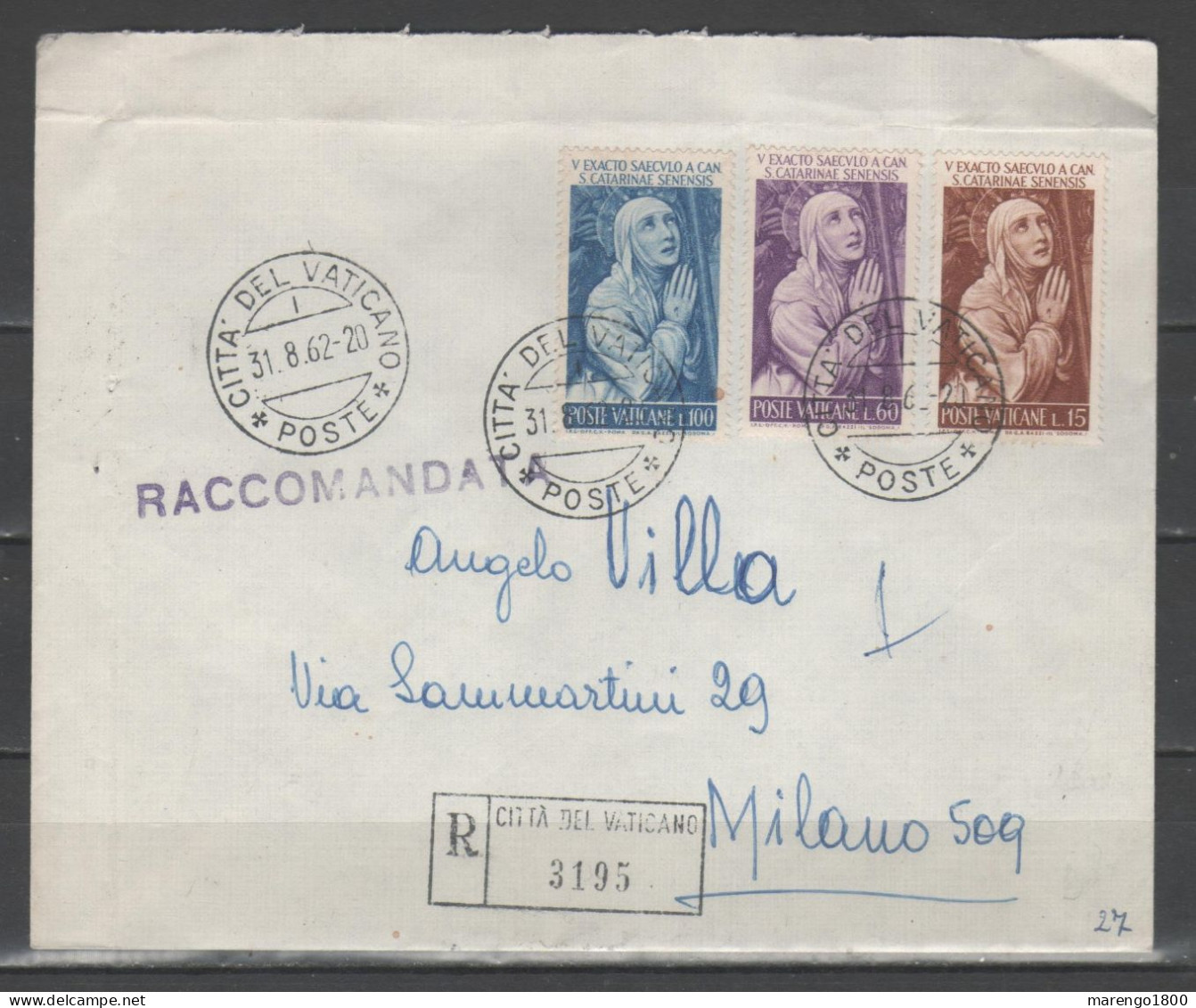 Vaticano 1962 - Raccomandata Con S. Caterina Da Siena - Briefe U. Dokumente