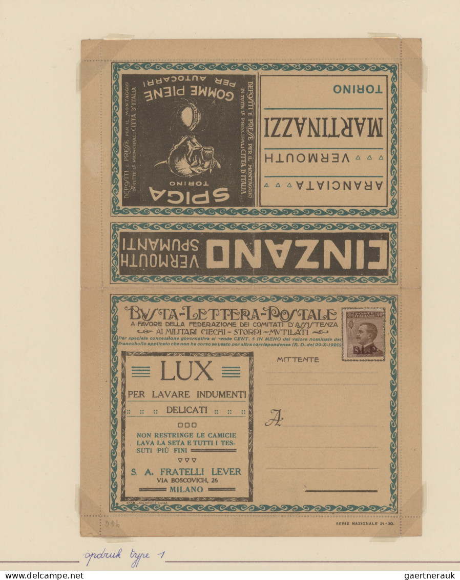 Thematics: Advertising Postal Stationery: 1921/1923, Italy: 'Buste Letteri Posta - Autres