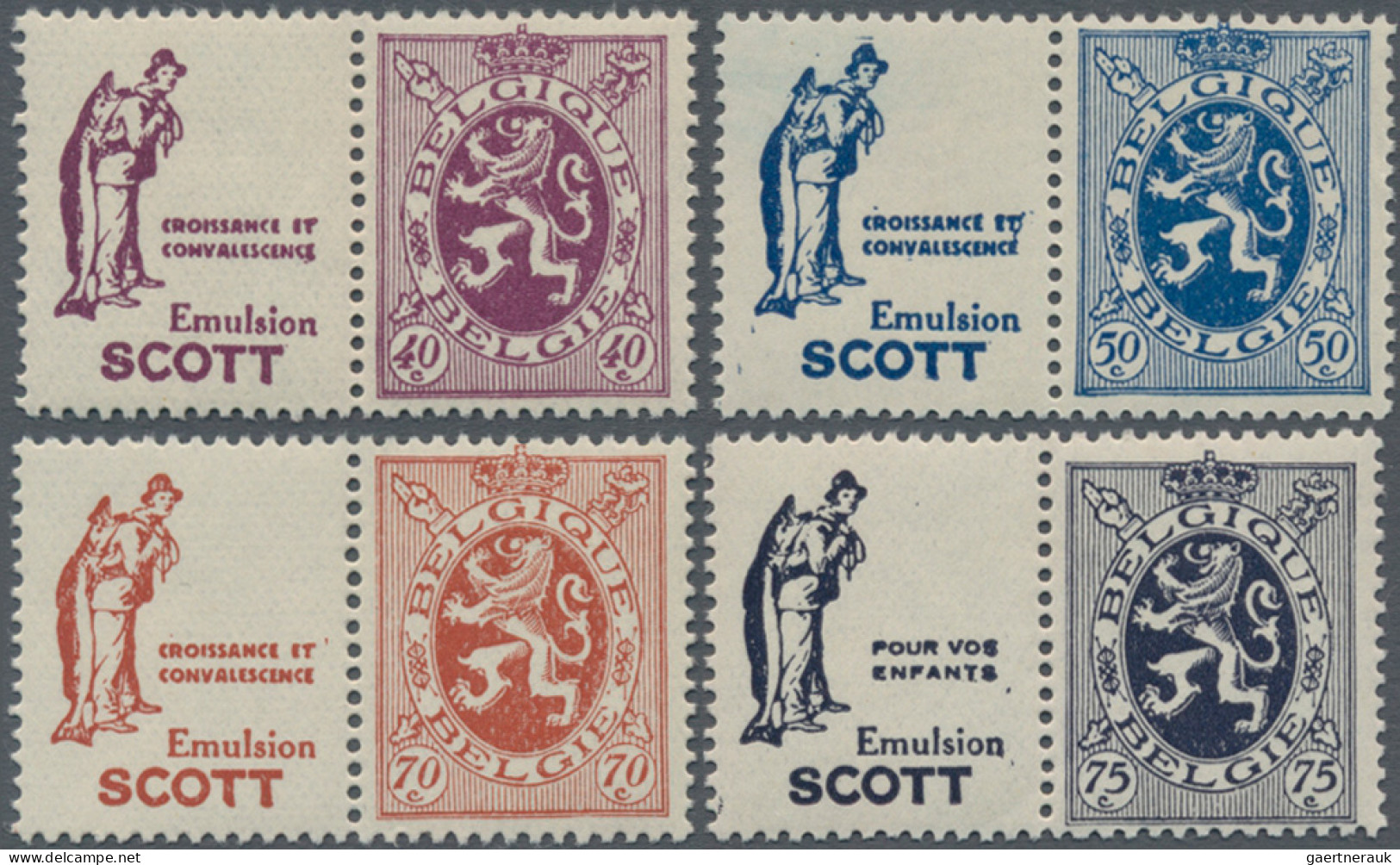 Belgium - Se-tenants: 1929/1932, Heraldic Lion, Four MNH Advertisement Se-tenant - Tête-bêche [KP] & Interpanneaux [KT]