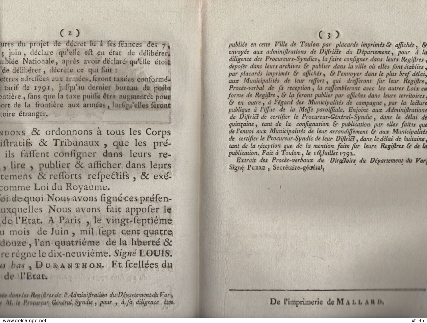 Loi Relative A La Taxe Des Lettres Destinees Pour L Armee - 1792 - Departement Du Var - 1701-1800: Precursors XVIII